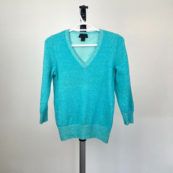 Sz M- J. Crew Italian Cashmere V-Neck 3/4 Sleeve Turquoise Slim Fit Knit Sweater - Picture 1 of 10